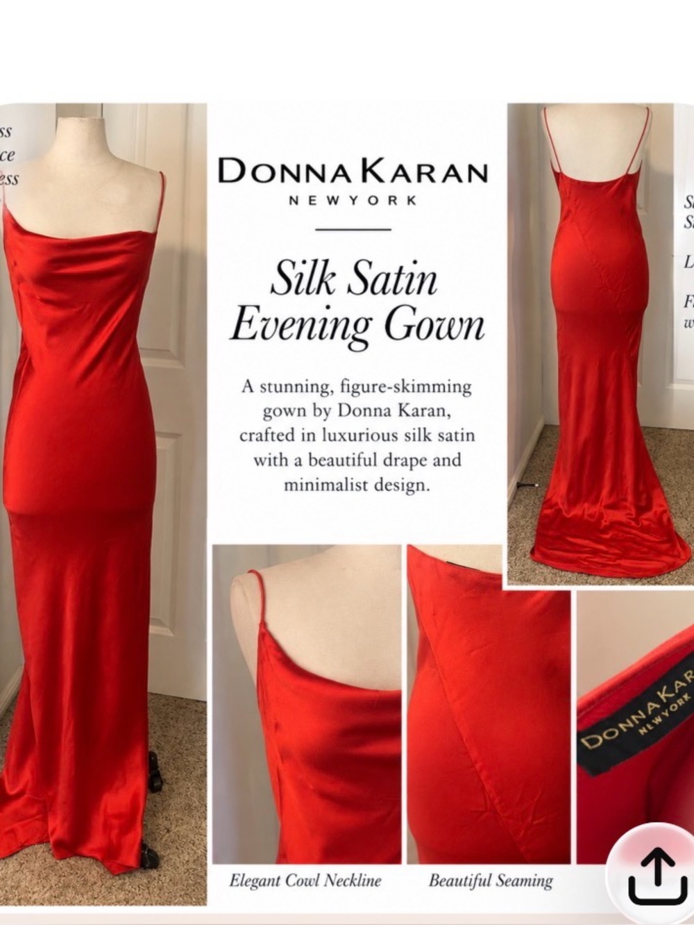 Donna Karan Red Satin Strapless Evening Gown
